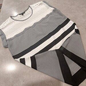 MAISON COUPE Women's Black/Ivory Stripe Cap Sleeves Top w/Lace Yoke - LGE